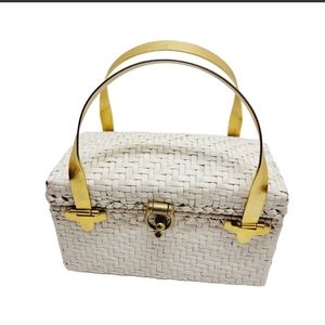 Vintage Dorian Continental White Woven Mini Basket Purse Brass Handle & Closure
